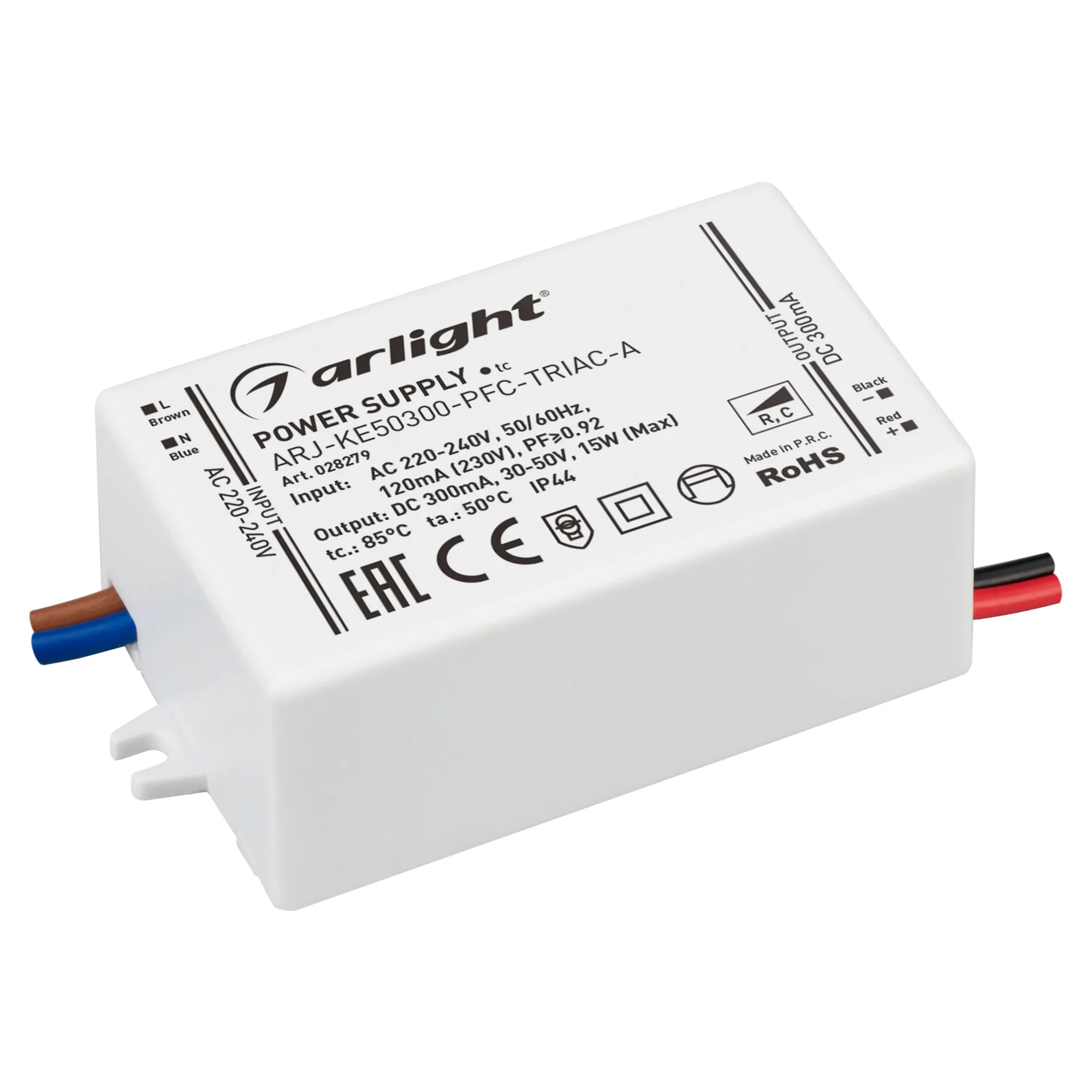 Блок питания ARJ-KE50300-PFC-TRIAC-A (15W, 300mA) (Arlight, IP44 Пластик, 5 лет) - изображение товара